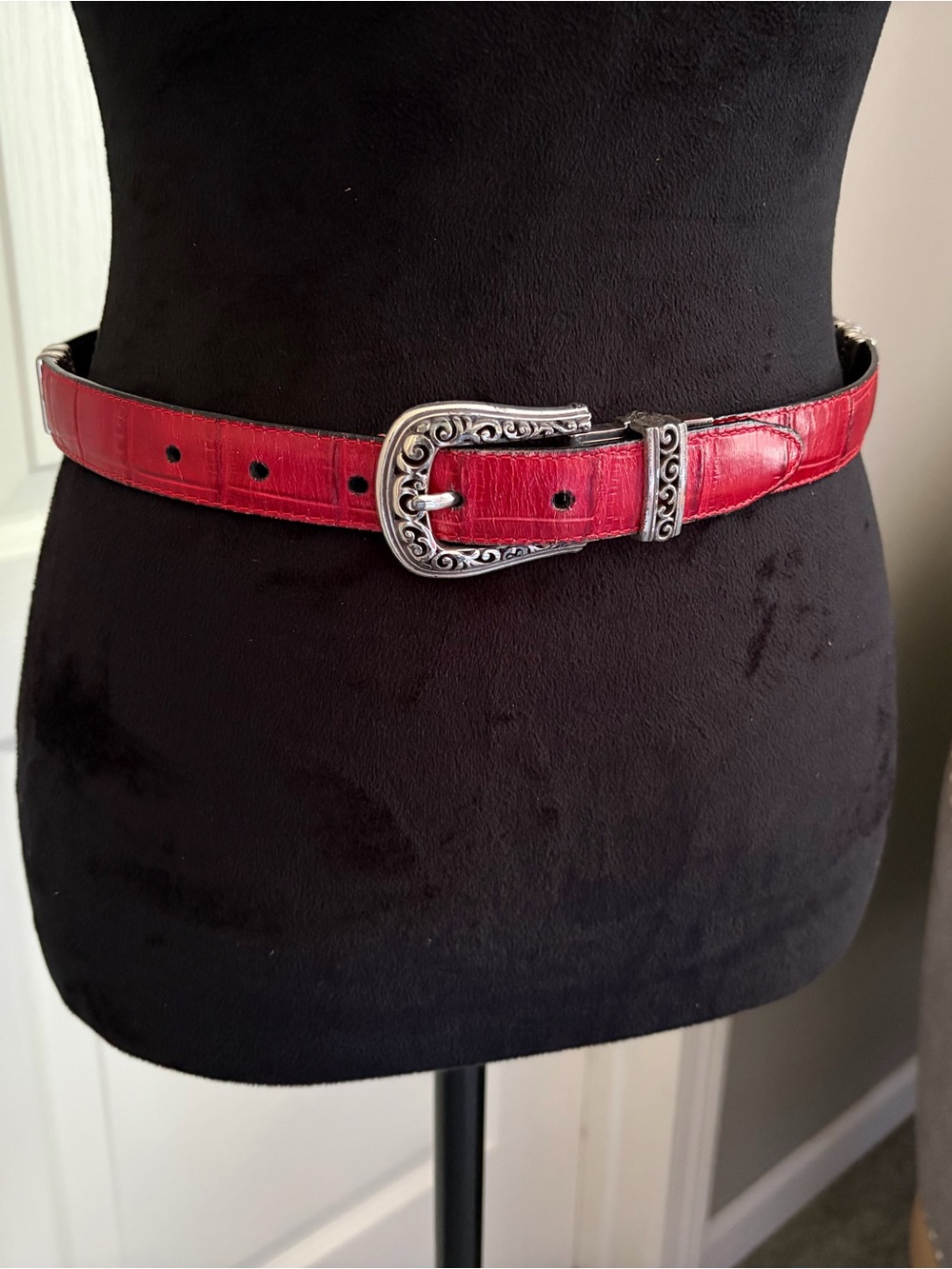 Brighton Red Croc-Embossed Leather Belt with Ornate Silver Buckle